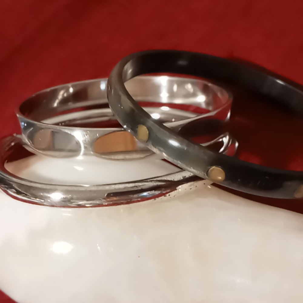 Silver plated bangle, stainless steel bangle & tortoise color resin bangle